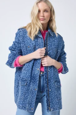 Women Scamp & Dude Authentic Indigo Leopard Denim Utility Jacket