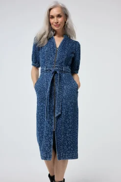 Women Scamp & Dude Authentic Indigo Leopard Zip Detail Midi Denim Dress