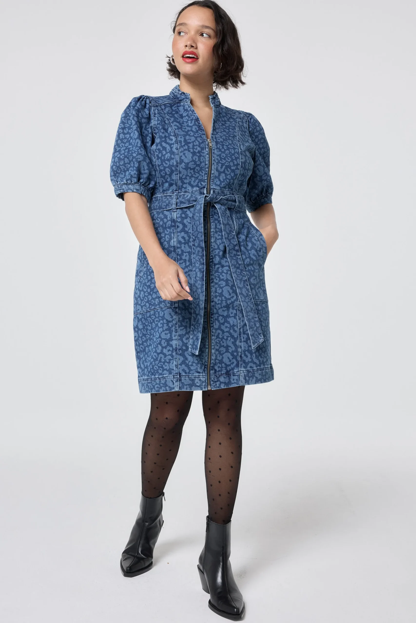 Women Scamp & Dude Authentic Indigo Leopard Zip Detail Short Denim Dress