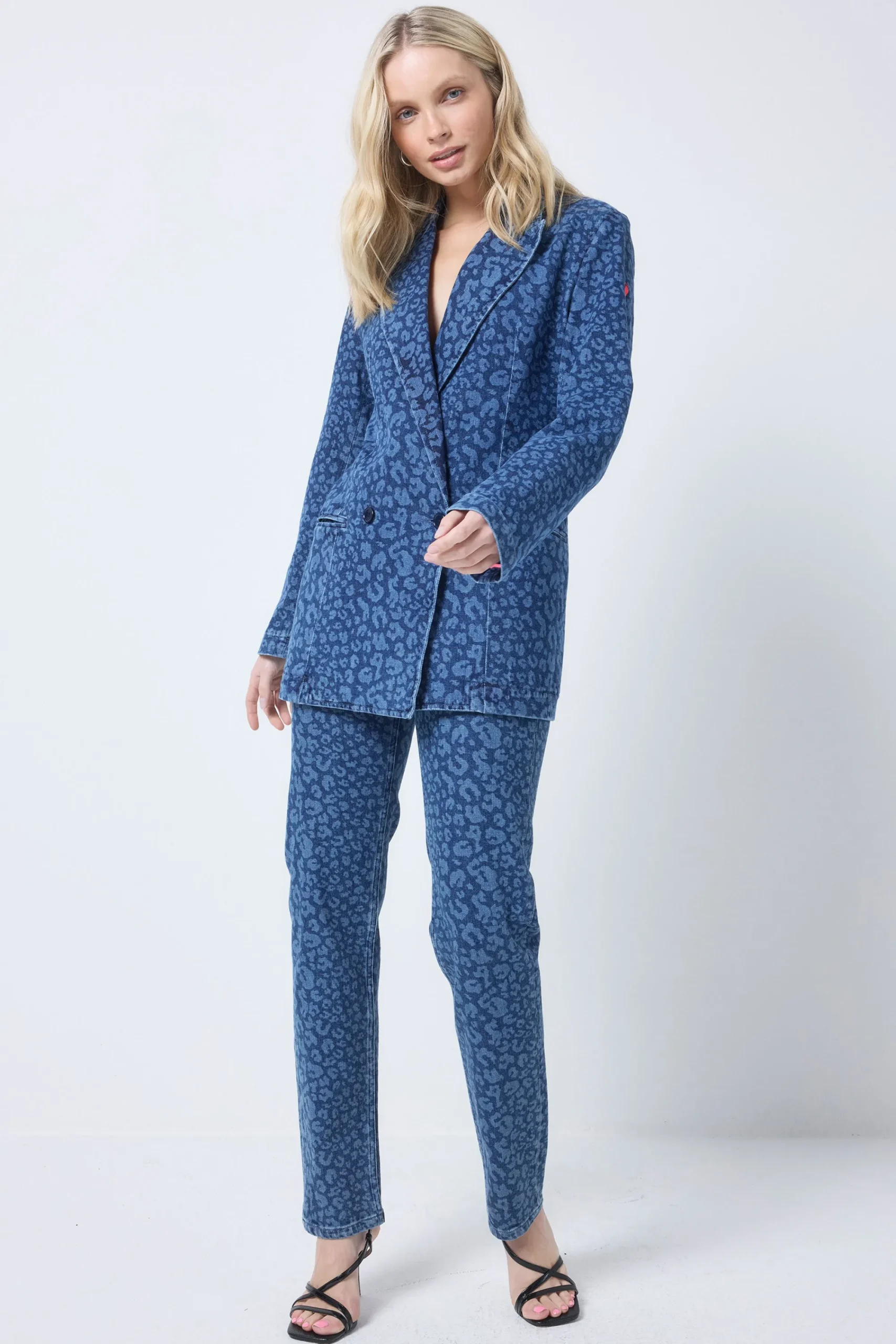 Women Scamp & Dude Authentic Indigo Leopard Printed Denim Blazer