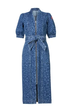 Women Scamp & Dude Authentic Indigo Leopard Zip Detail Midi Denim Dress