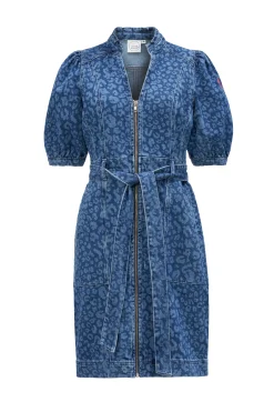 Women Scamp & Dude Authentic Indigo Leopard Zip Detail Short Denim Dress