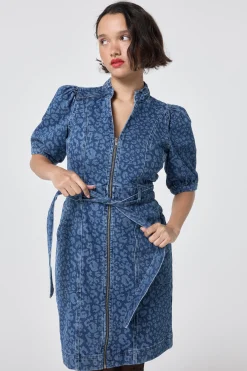 Women Scamp & Dude Authentic Indigo Leopard Zip Detail Short Denim Dress