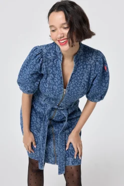 Women Scamp & Dude Authentic Indigo Leopard Zip Detail Short Denim Dress
