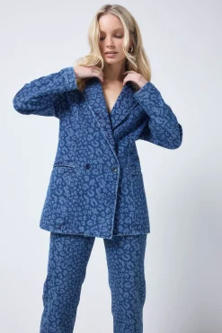 Women Scamp & Dude Authentic Indigo Leopard Printed Denim Blazer