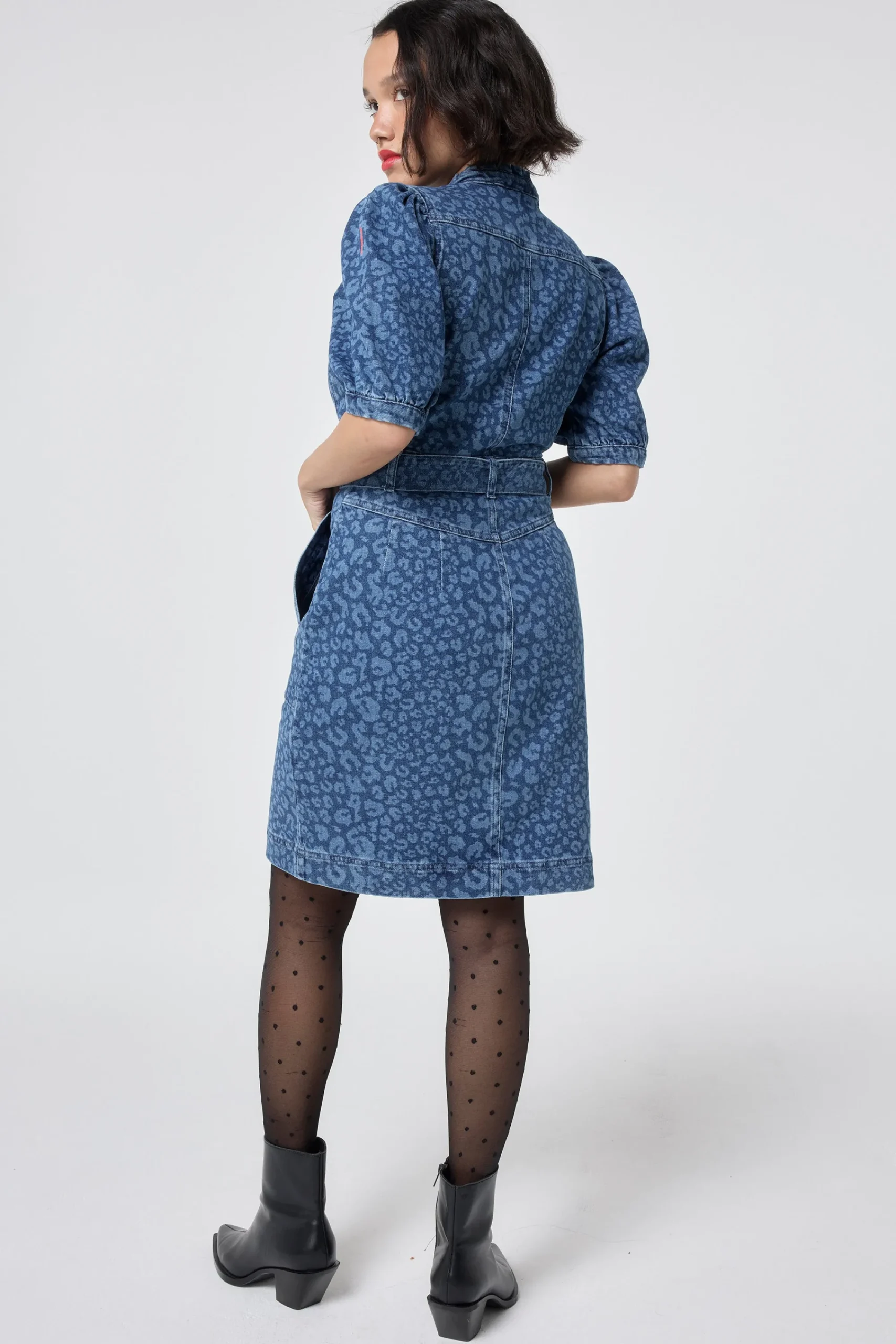 Women Scamp & Dude Authentic Indigo Leopard Zip Detail Short Denim Dress