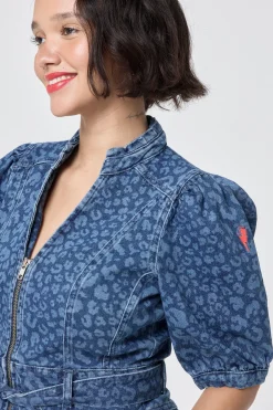 Women Scamp & Dude Authentic Indigo Leopard Zip Detail Short Denim Dress