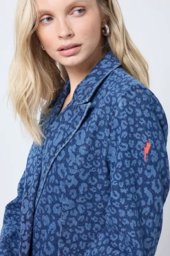 Women Scamp & Dude Authentic Indigo Leopard Printed Denim Blazer