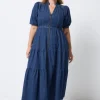 Women Scamp & Dude Authentic Indigo Zip Detail Tiered Midi Denim Dress