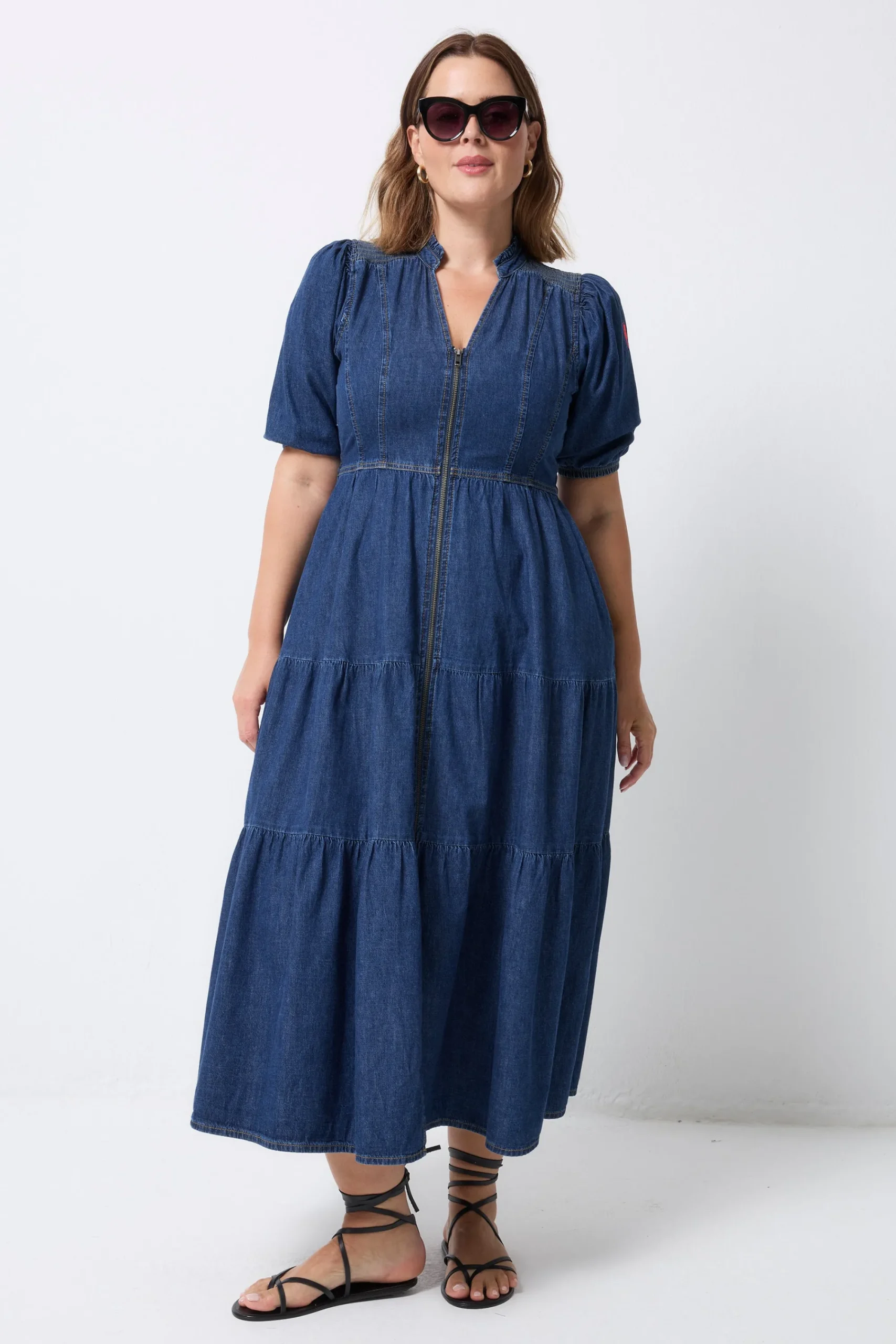 Women Scamp & Dude Authentic Indigo Zip Detail Tiered Midi Denim Dress