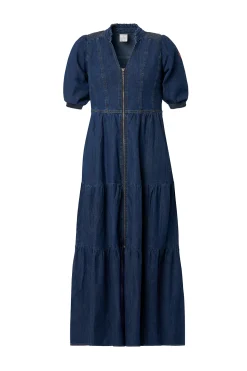 Women Scamp & Dude Authentic Indigo Zip Detail Tiered Midi Denim Dress