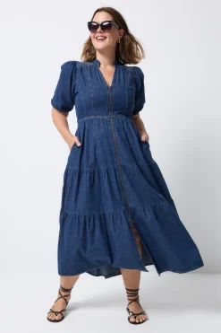Women Scamp & Dude Authentic Indigo Zip Detail Tiered Midi Denim Dress