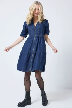 Women Scamp & Dude Authentic Indigo Zip Detail Tiered Short Denim Dress
