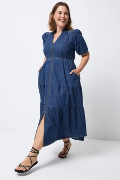 Women Scamp & Dude Authentic Indigo Zip Detail Tiered Midi Denim Dress