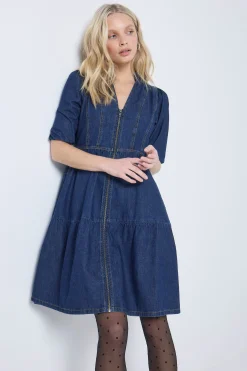 Women Scamp & Dude Authentic Indigo Zip Detail Tiered Short Denim Dress