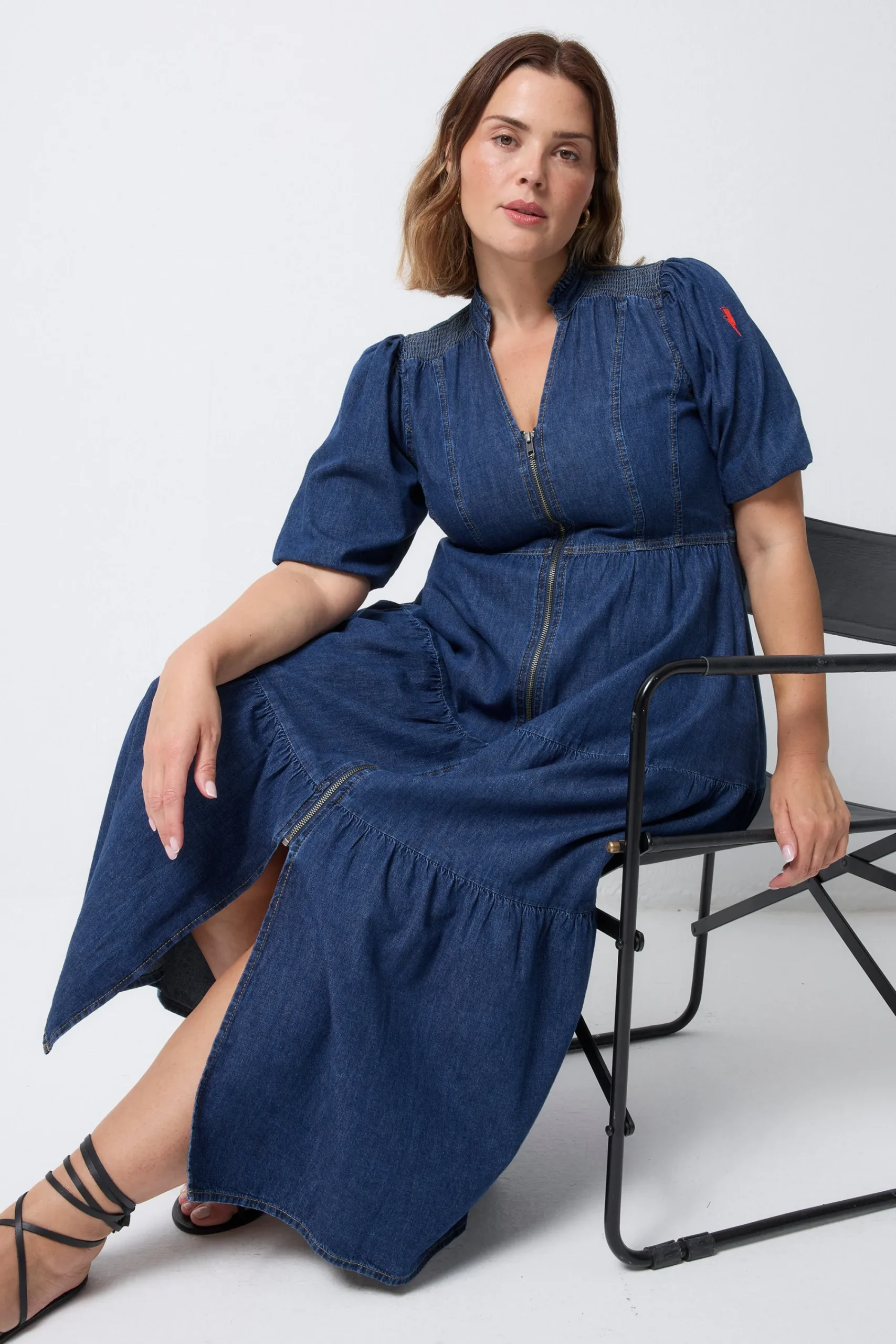 Women Scamp & Dude Authentic Indigo Zip Detail Tiered Midi Denim Dress