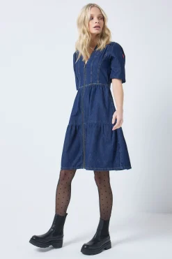 Women Scamp & Dude Authentic Indigo Zip Detail Tiered Short Denim Dress