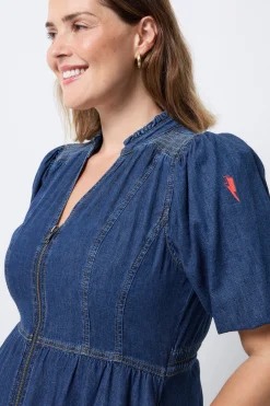 Women Scamp & Dude Authentic Indigo Zip Detail Tiered Midi Denim Dress