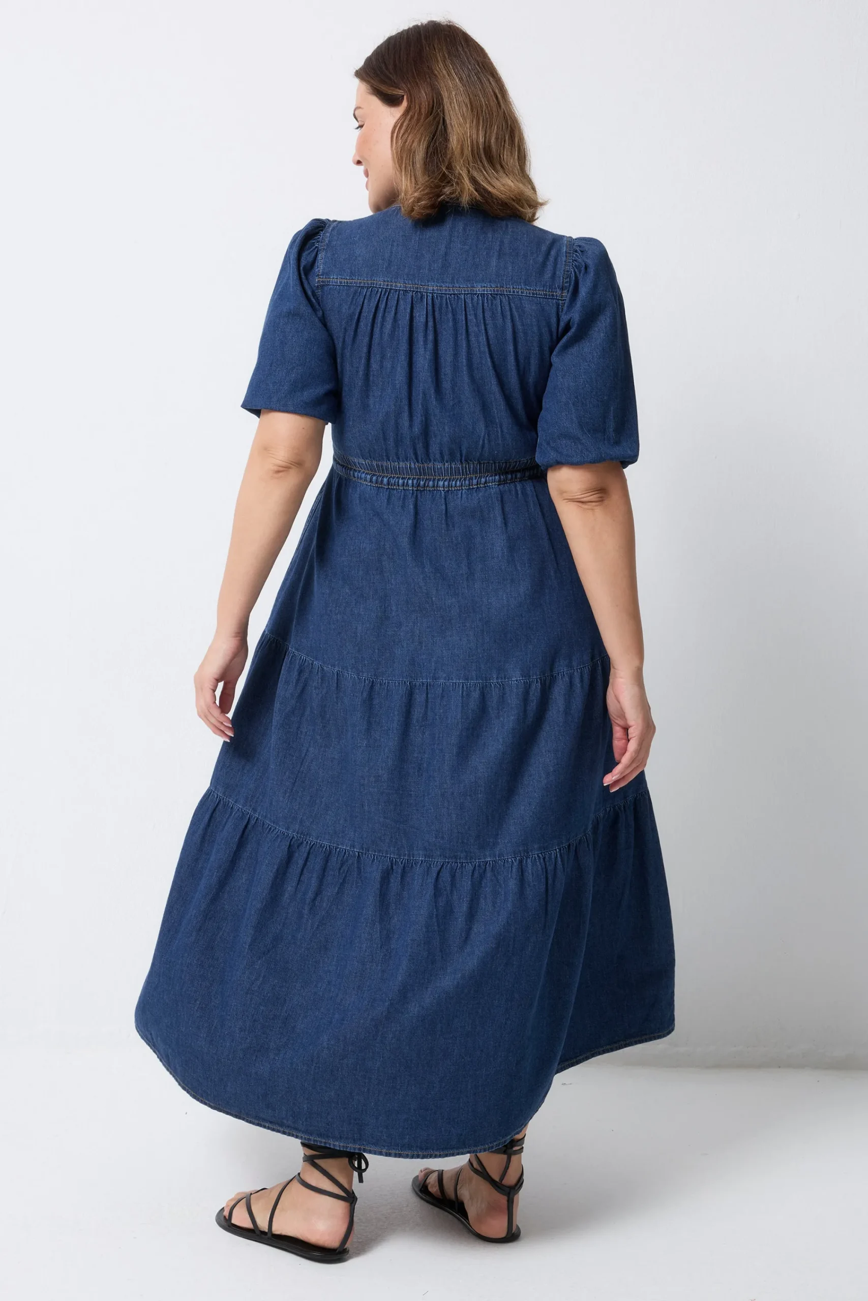 Women Scamp & Dude Authentic Indigo Zip Detail Tiered Midi Denim Dress