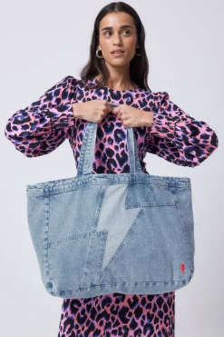 Women Scamp & Dude Authentic Light Indigo Patchwork Bolt Denim Tote Bag