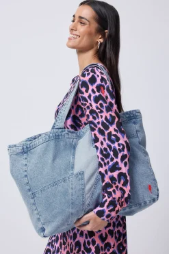 Women Scamp & Dude Authentic Light Indigo Patchwork Bolt Denim Tote Bag