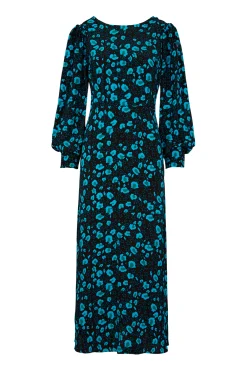 Women Scamp & Dude Black & Teal Snow Leopard Blouson Sleeve Midi Dress