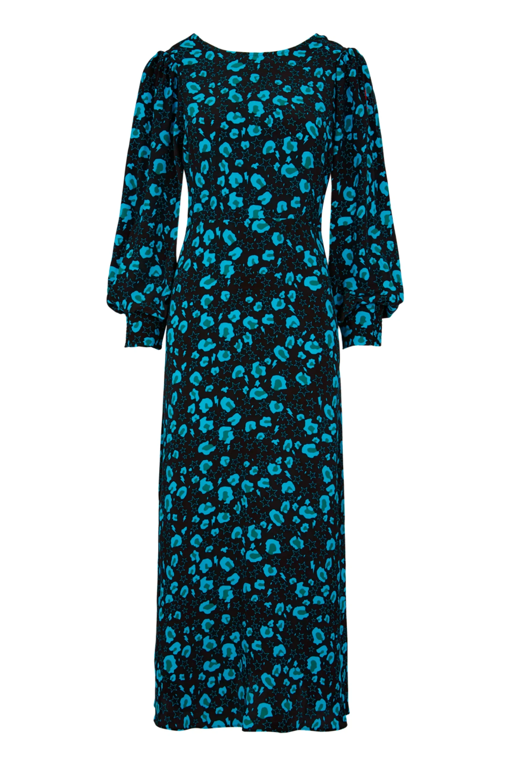Women Scamp & Dude Black & Teal Snow Leopard Blouson Sleeve Midi Dress