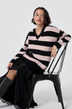 Women Scamp & Dude Black and Blush Pink Stripe V Neck Knit Jumper