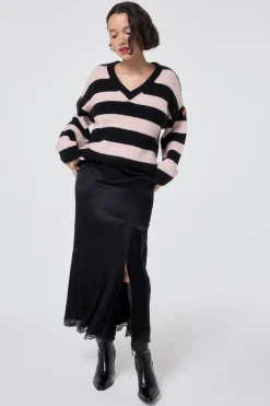 Women Scamp & Dude Black and Blush Pink Stripe V Neck Knit Jumper