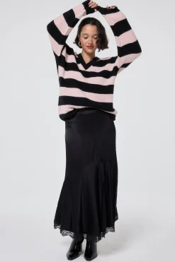 Women Scamp & Dude Black and Blush Pink Stripe V Neck Knit Jumper