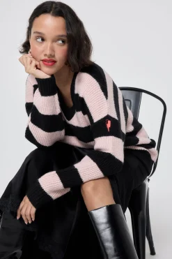 Women Scamp & Dude Black and Blush Pink Stripe V Neck Knit Jumper