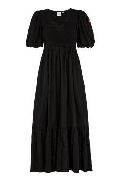 Women Scamp & Dude Black Dobby Shirred Puff Sleeve Midi Dress