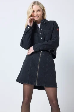 Women Scamp & Dude Black Embellished Zip Front Denim Mini Skirt