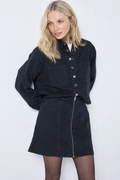 Women Scamp & Dude Black Embellished Zip Front Denim Mini Skirt
