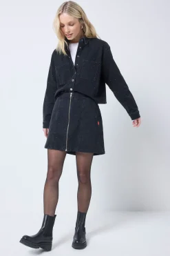 Women Scamp & Dude Black Embellished Zip Front Denim Mini Skirt