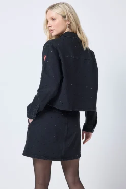 Women Scamp & Dude Black Embellished Zip Front Denim Mini Skirt