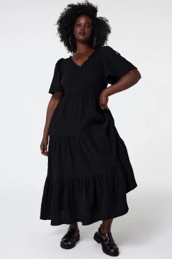 Women Scamp & Dude Black Flute Sleeve Tiered Midi Dress
