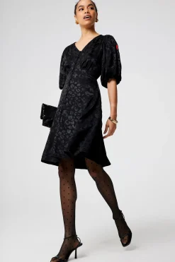 Women Scamp & Dude Black Jacquard Leopard Puff Sleeve Short Tea Dress