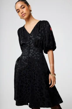 Women Scamp & Dude Black Jacquard Leopard Puff Sleeve Short Tea Dress