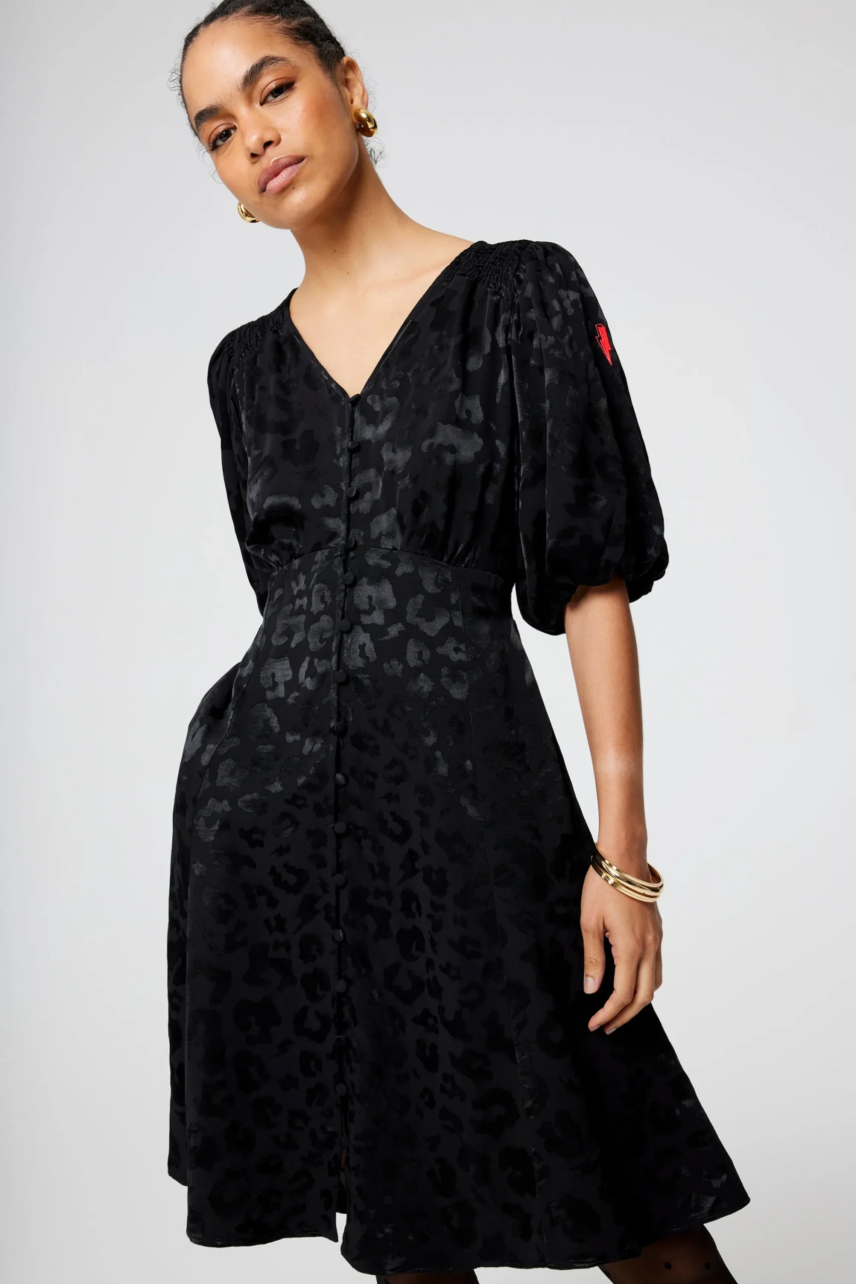 Women Scamp & Dude Black Jacquard Leopard Puff Sleeve Short Tea Dress