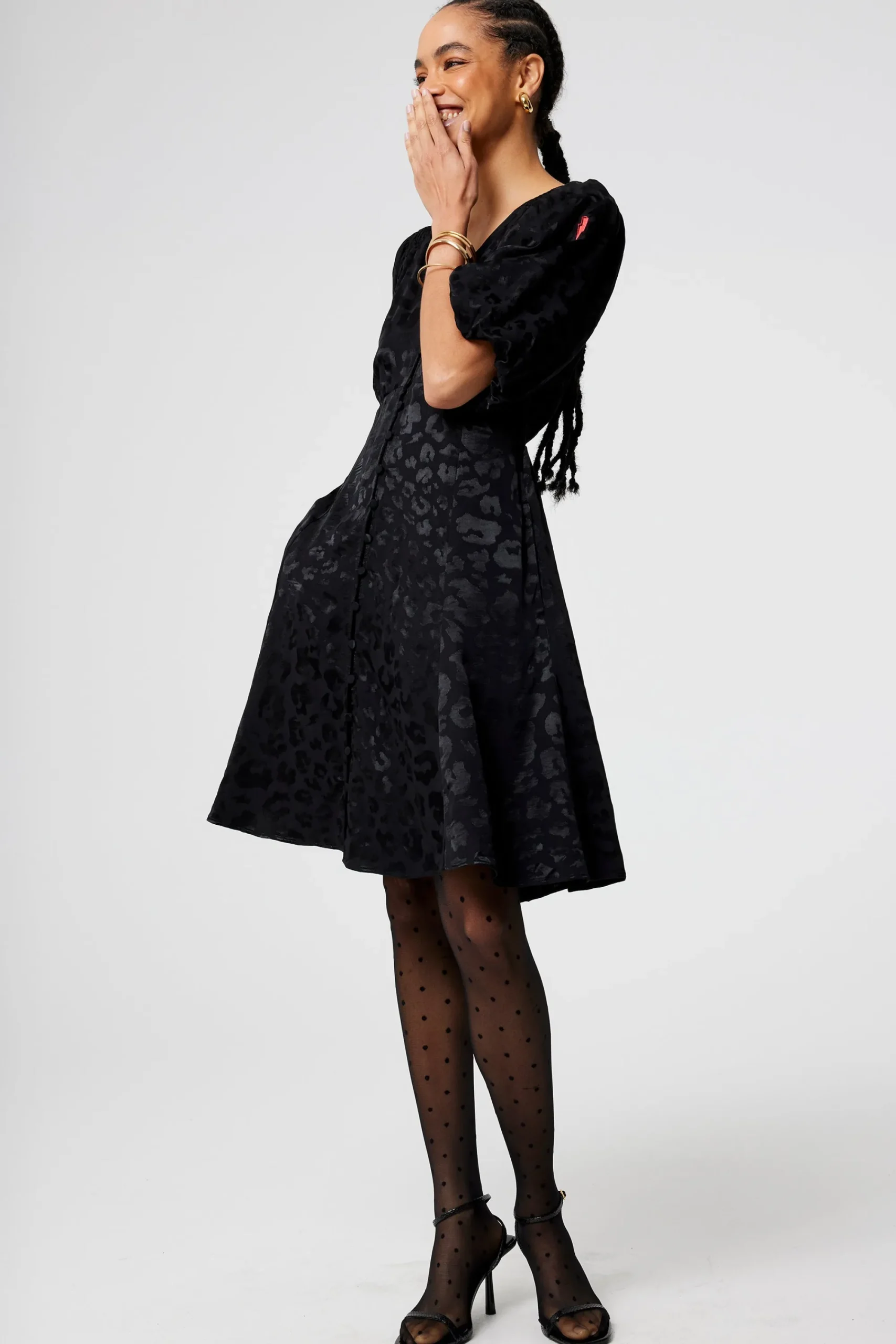 Women Scamp & Dude Black Jacquard Leopard Puff Sleeve Short Tea Dress