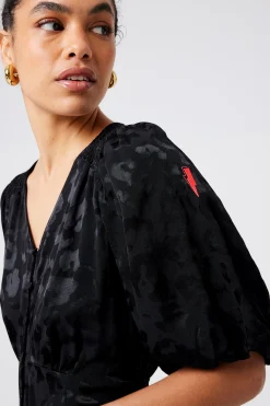 Women Scamp & Dude Black Jacquard Leopard Puff Sleeve Short Tea Dress