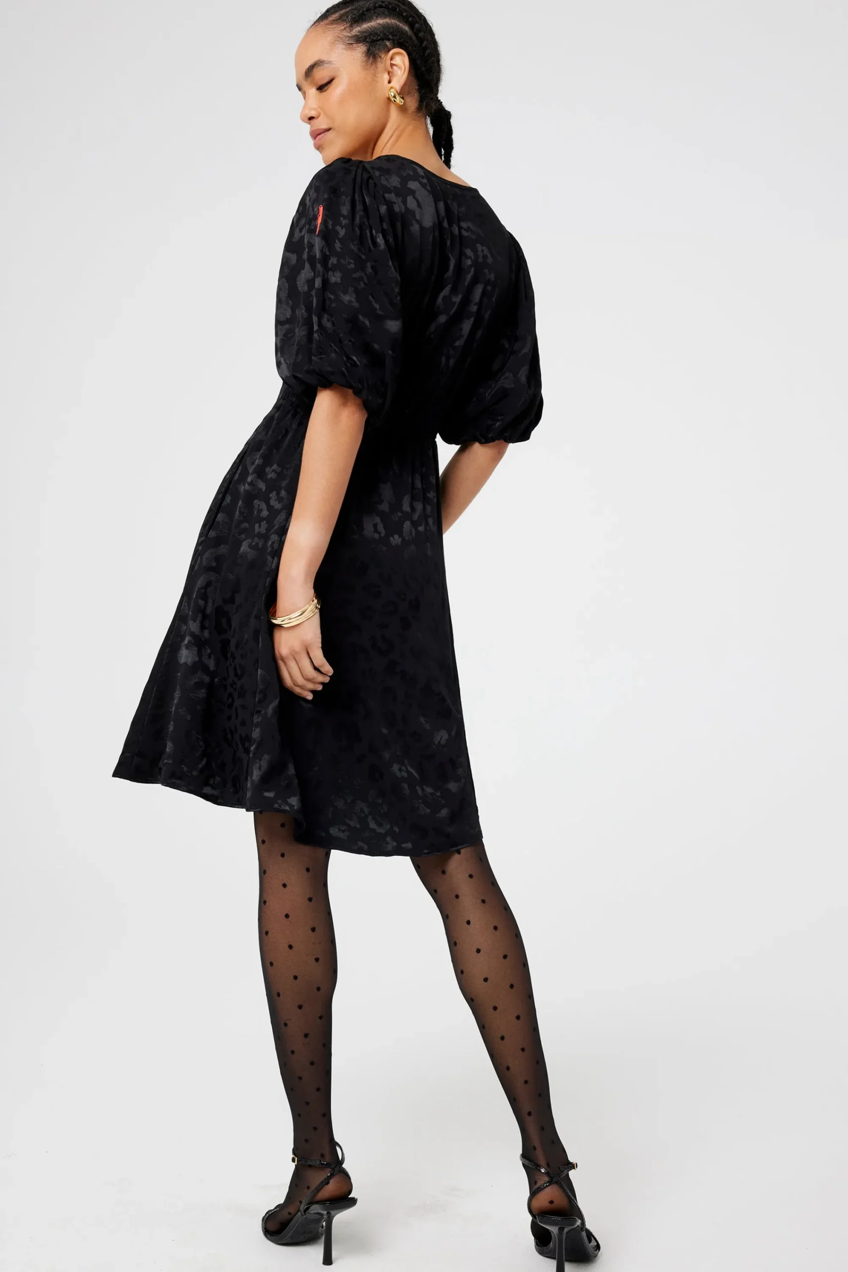 Women Scamp & Dude Black Jacquard Leopard Puff Sleeve Short Tea Dress