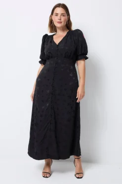 Women Scamp & Dude Black Jacquard Star Flute Sleeve Midi Tea Dress
