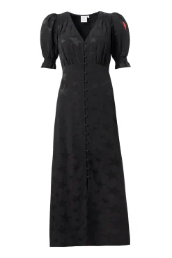 Women Scamp & Dude Black Jacquard Star Flute Sleeve Midi Tea Dress