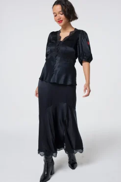 Women Scamp & Dude Black Lace Trim Satin Slip Skirt