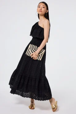 Women Scamp & Dude Black One Shoulder Broderie Tiered Midi Dress