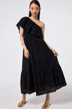 Women Scamp & Dude Black One Shoulder Broderie Tiered Midi Dress