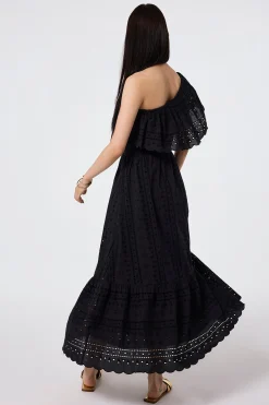 Women Scamp & Dude Black One Shoulder Broderie Tiered Midi Dress