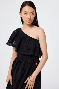 Women Scamp & Dude Black One Shoulder Broderie Tiered Midi Dress